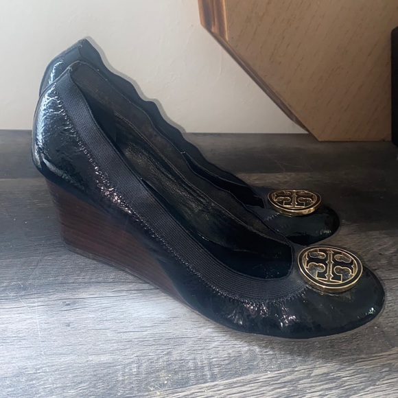 Tory Burch Shoes - COPY - Tory Burch Caroline Black Patent Leather Wood Wedge 9.5-10